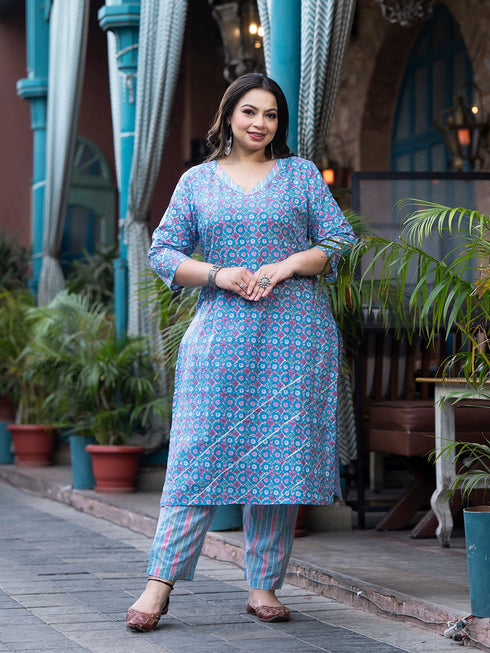 Women Plus Size Blue Pure Cotton Kurta Set With Dupatta